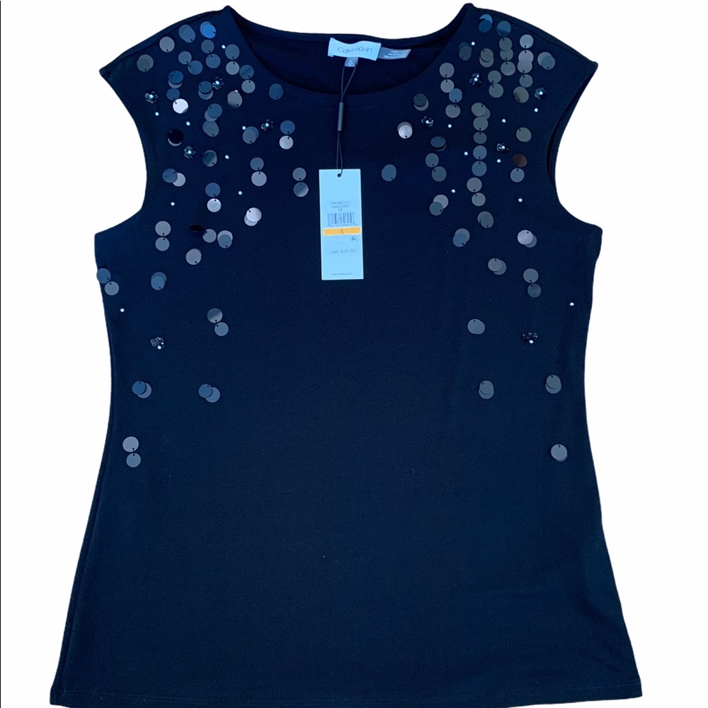 Calvin Klein Dangling Sequin Sleeveless Black Top